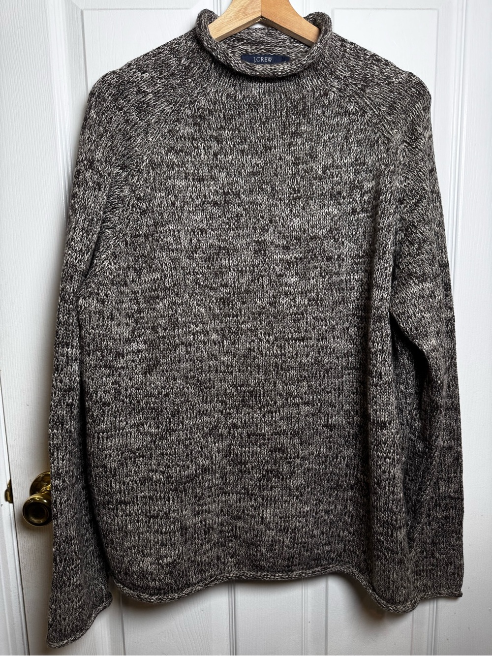 J.Crew Mens Rollneck Sweater Large Marled Brown Cream 100% Cotton Heritage